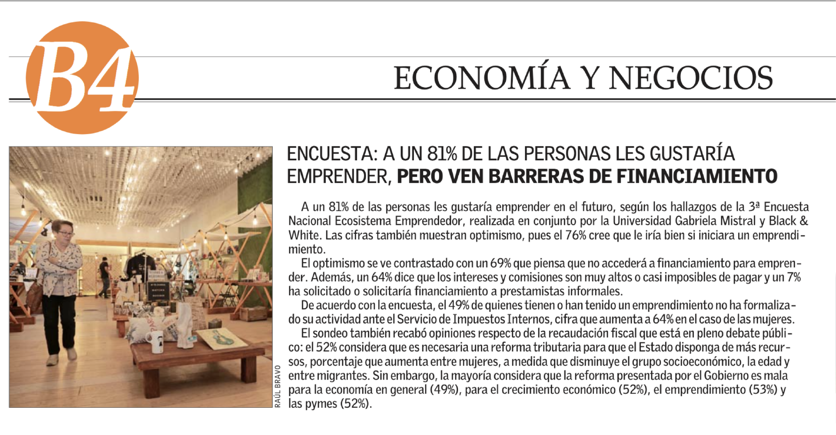 Imagen de la noticia: Economía y Negocios de El Mercurio destacó 3ª Encuesta Nacional Ecosistema Emprendedor UGM / B&W