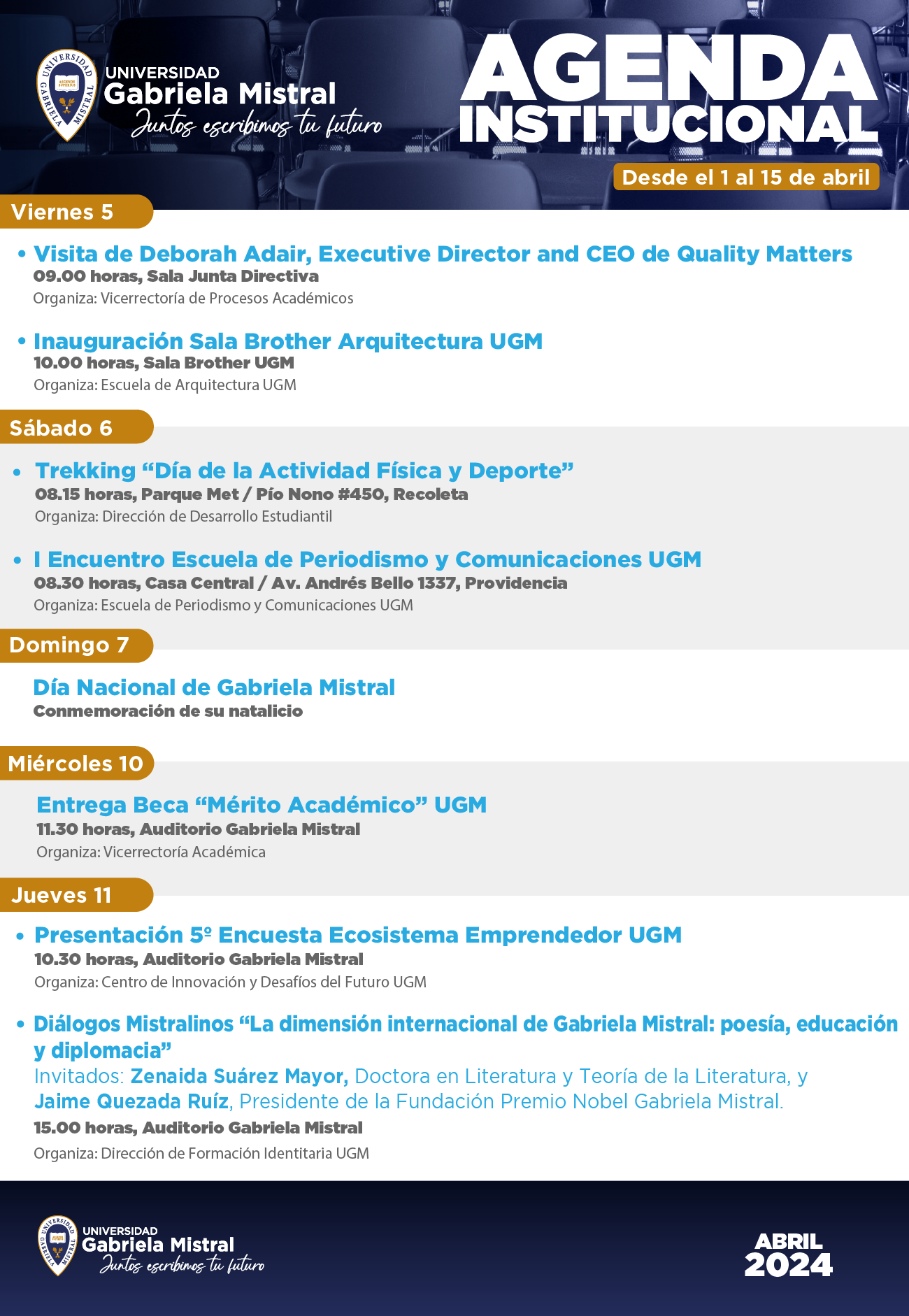Imagen de la noticia: Agenda Institucional UGM - 01 al 15 de abril de 2024