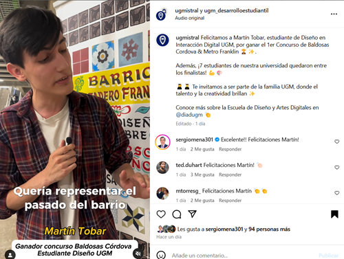 Imagen de la noticia: Martín Tobar, estudiante de la Escuela de Diseño y Artes Digitales UGM, ganó Primer Concurso Nacional de Diseño en Barrio Franklin