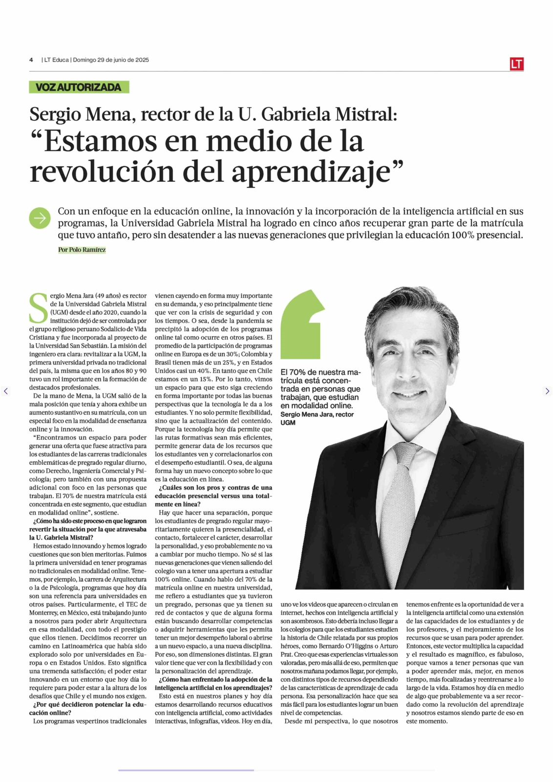 Imagen de la noticia: Rector Sergio Mena en La Tercera: "Estamos en medio de la revolución del aprendizaje"