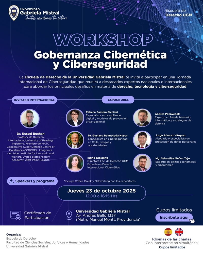 Imagen de la noticia: 23/10: Experto internacional Russell Buchan impartirá Workshop "Gobernanza Cibernética y Ciberseguridad" en UGM junto a destacados expertos