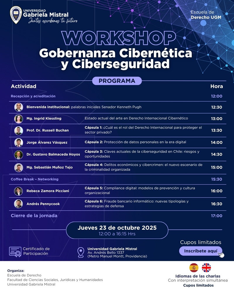 Imagen de la noticia: 23/10: Experto internacional Russell Buchan impartirá Workshop "Gobernanza Cibernética y Ciberseguridad" en UGM junto a destacados expertos